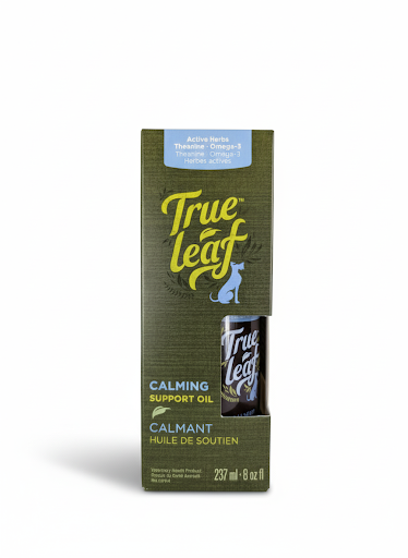 Trueleaf calming support oil food topper packaging on a white background