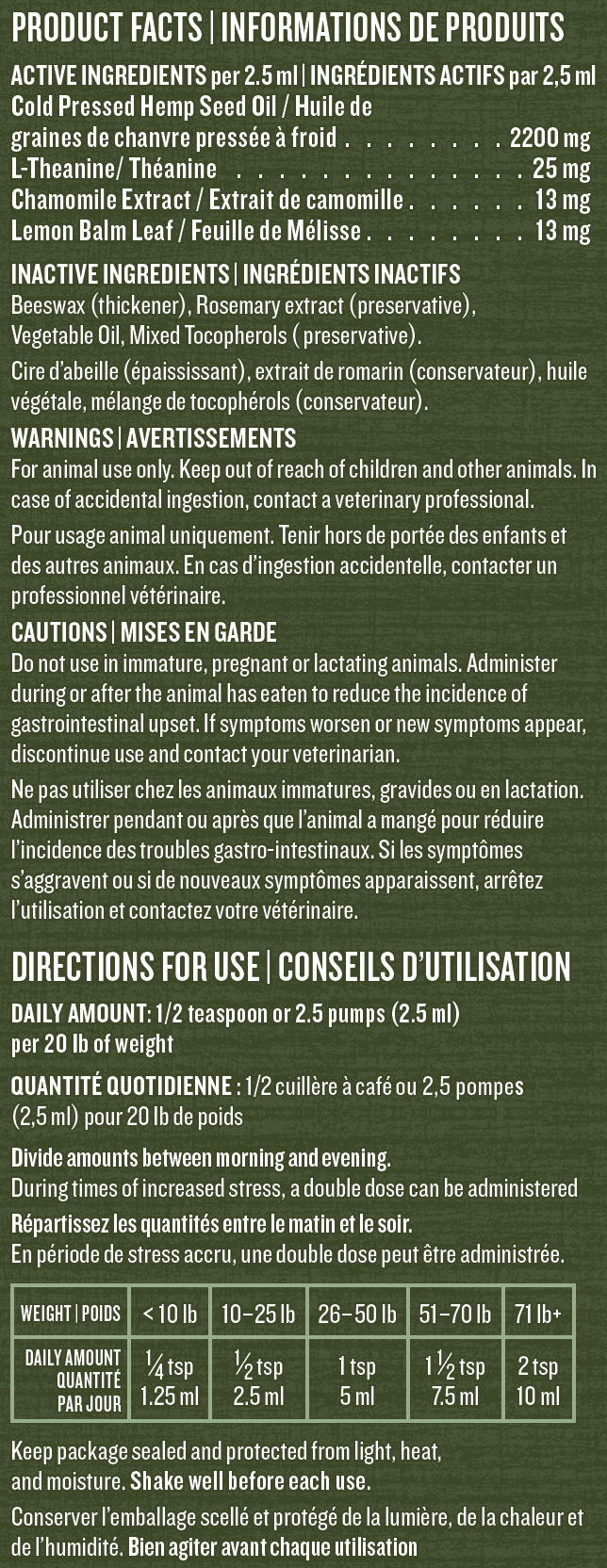 Calming oil product label with text and nutritional information