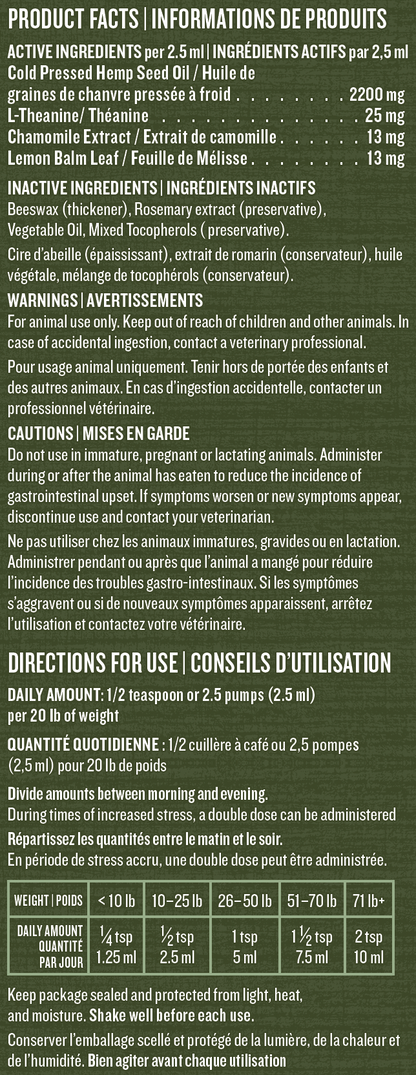 Calming oil product label with text and nutritional information