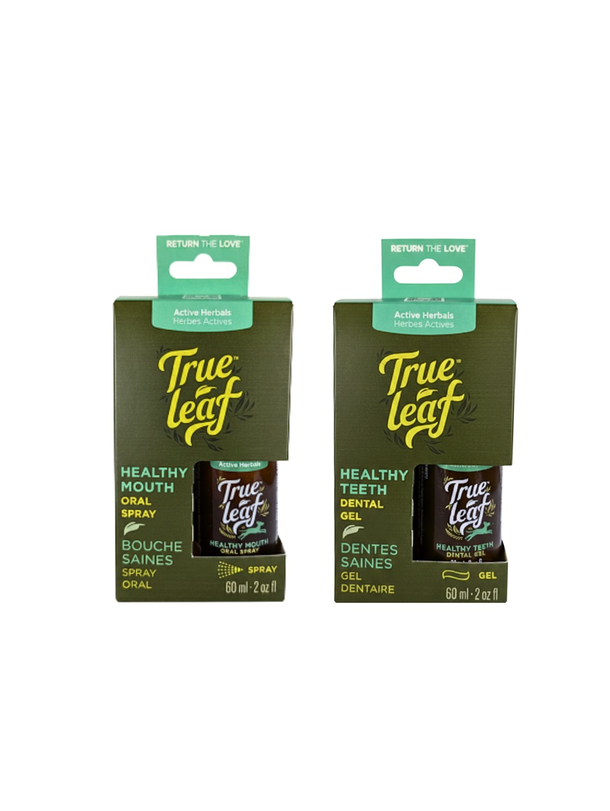 Two pet dental health products: Trueleaf healthy mouth oral spray carton, next to healthy teeth dental gel carton