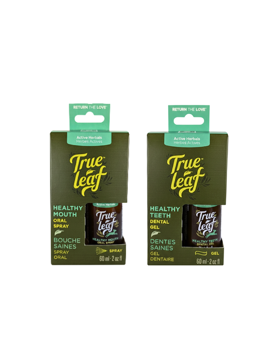 Two pet dental health products: Trueleaf healthy mouth oral spray carton, next to healthy teeth dental gel carton