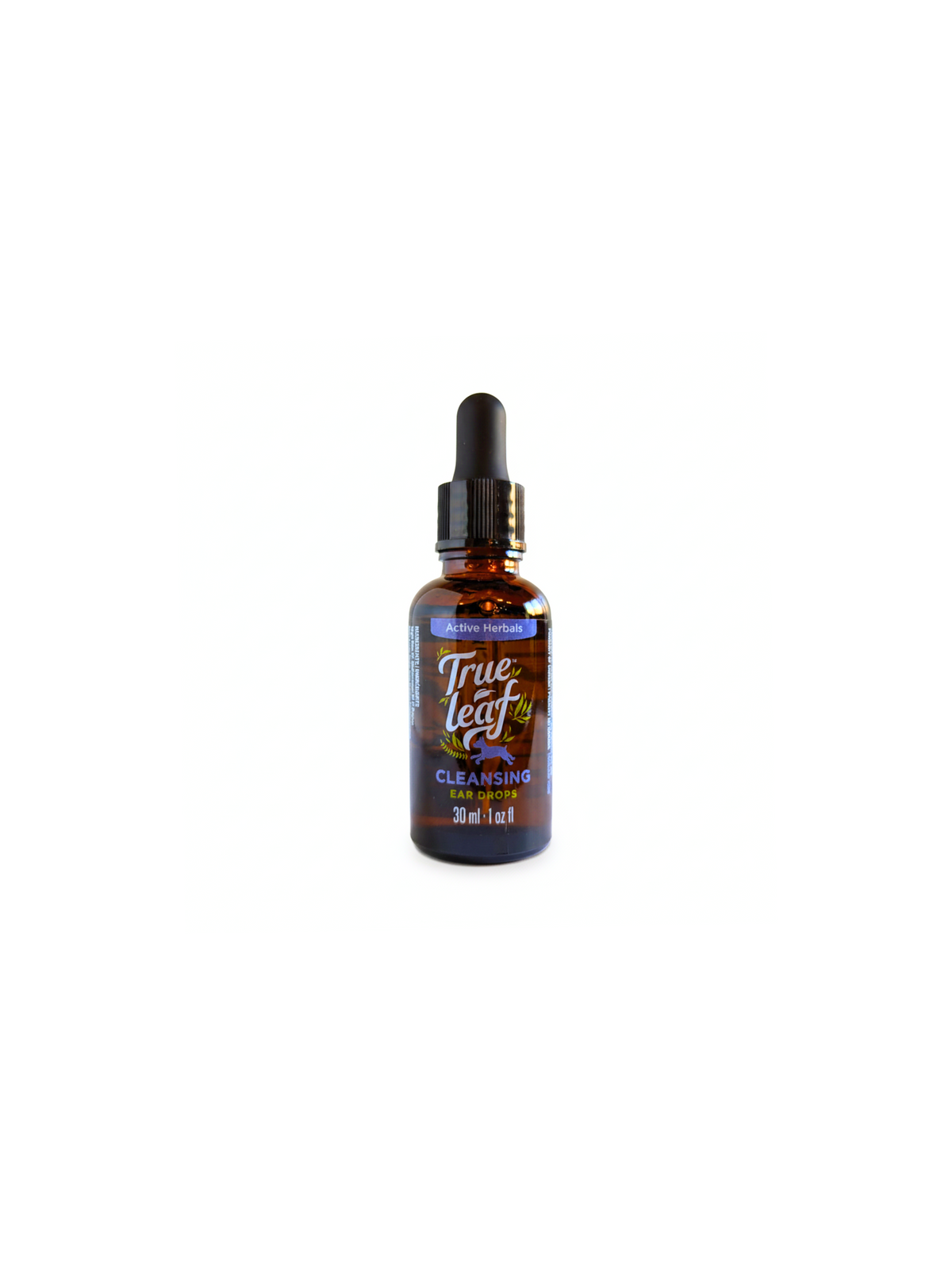 30mL dropper bottle of cleansing ear drops for pets, on a white background