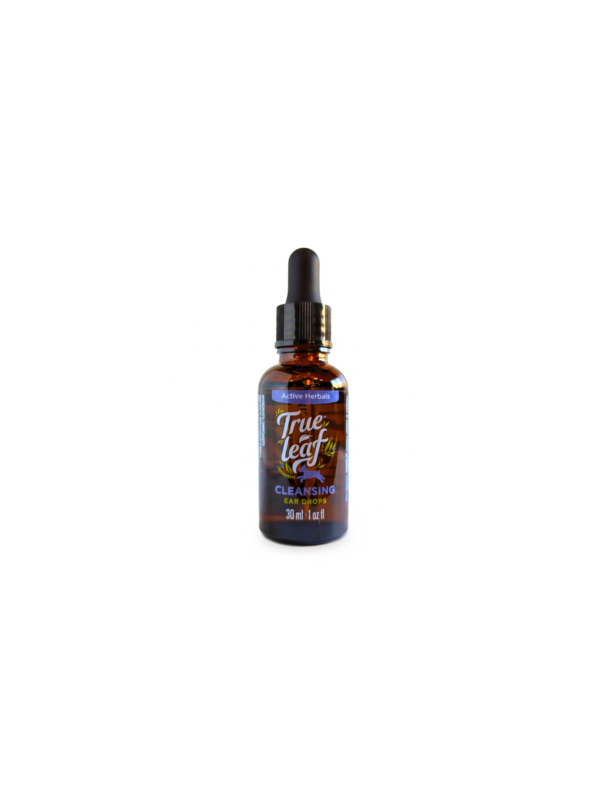 30mL dropper bottle of cleansing ear drops for pets, on a white background