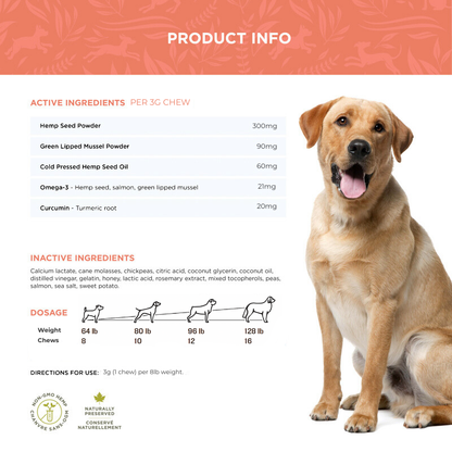 Trueleaf Hip & Joint dog chew ingredients list, dosage chart, and directions for use