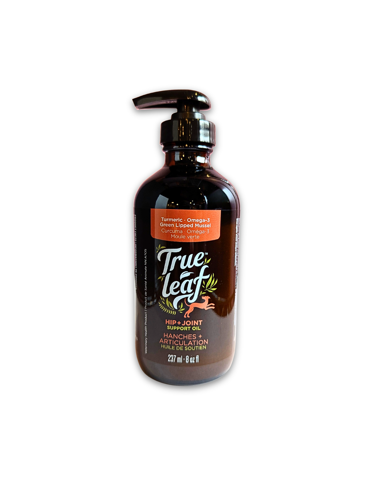 Amber glass bottle (with easy to use pump dispenser) of True Leaf hip and joint supplement on a white background