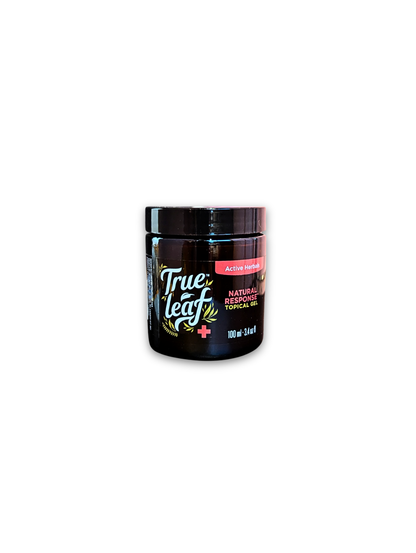 100mL twist-off amber jar of Trueleaf natural response topical gel healing pet salve