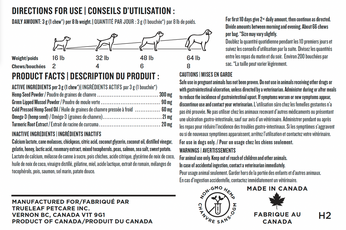 Hip and joint dog supplement label with directions for use, product facts, and manufacturing information.
