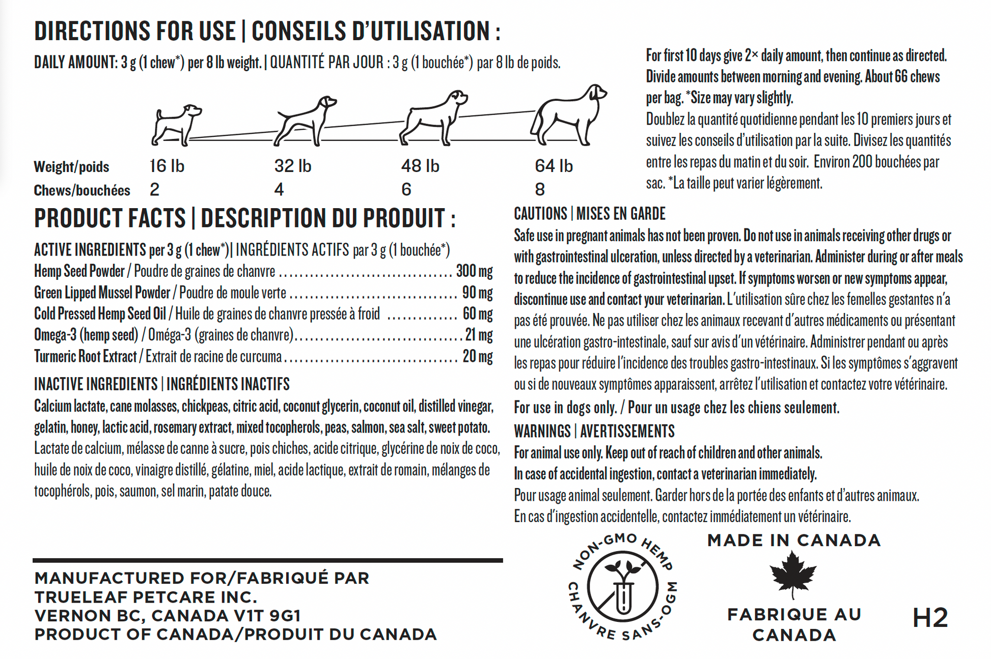 Hip and joint dog supplement label with directions for use, product facts, and manufacturing information.