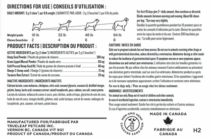 Hip and joint dog supplement label with directions for use, product facts, and manufacturing information.