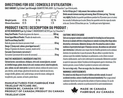 Product label with directions for use, product facts, and manufacturing information for a pet supplement.