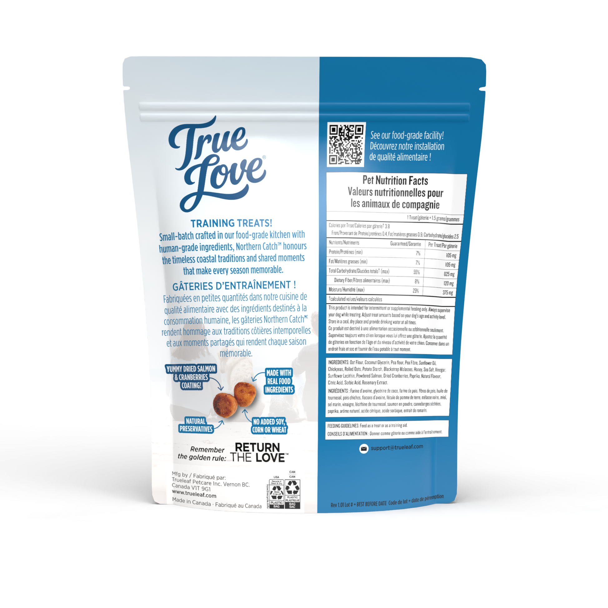 Back of bag for Northern Catch True Love dog treats with salmon and cranberries
