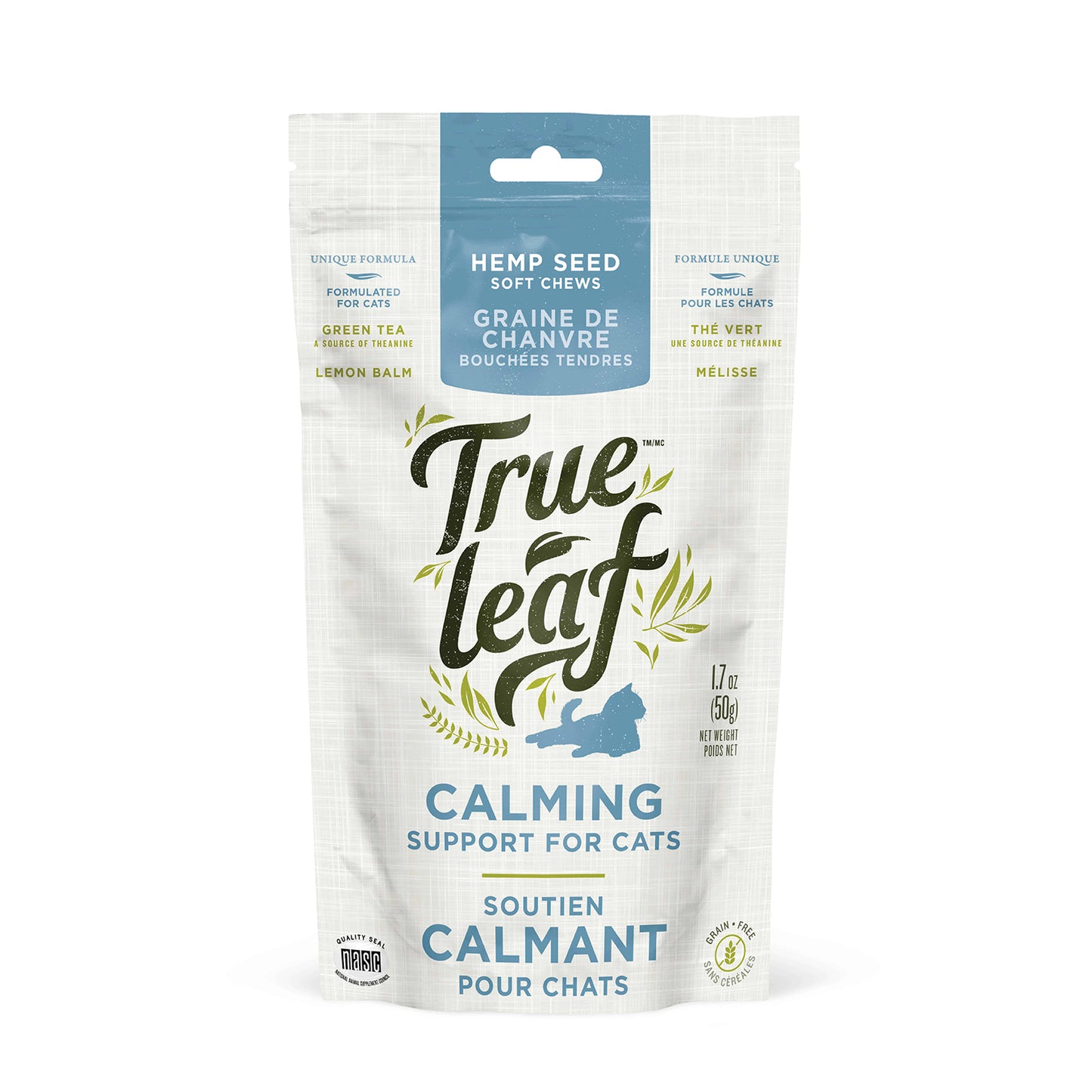 Calming support chews for cats. White 50g bag of hemp seed soft chews/treats on white background.