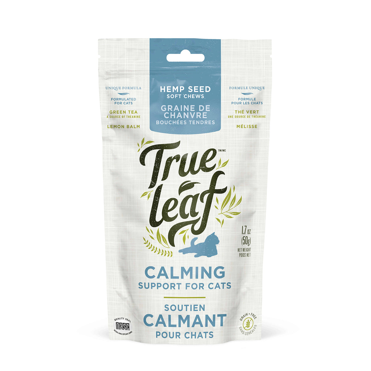Calming support chews for cats. White 50g bag of hemp seed soft chews/treats on white background.