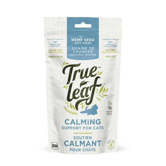 Calming support chews for cats. White 50g bag of hemp seed soft chews/treats on white background.