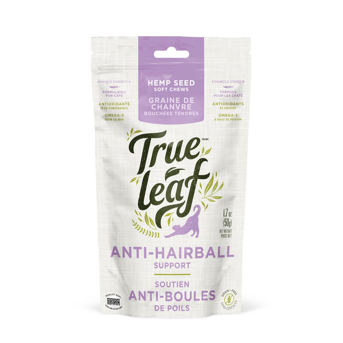 Packaging of Trueleaf anti-hairball support chews for cats, showing a white and green color scheme with images of cats and product details.