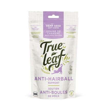 Packaging of Trueleaf anti-hairball support chews for cats, showing a white and green color scheme with images of cats and product details.