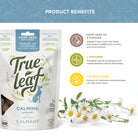 Calming Support soft chews ingredient info panel: L-theanine, chamomile, lemon balm and omega-3 oils
