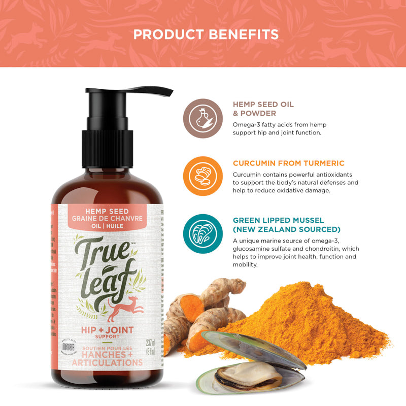 Trueleaf Petcare hemp seed oil food topper bottle with product benefits on a white background