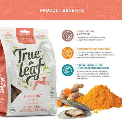 Hip and joint chew ingredient facts for hemp seed oil and powder, curcumin (from turmeric), and new zealand sourced green lipped mussel