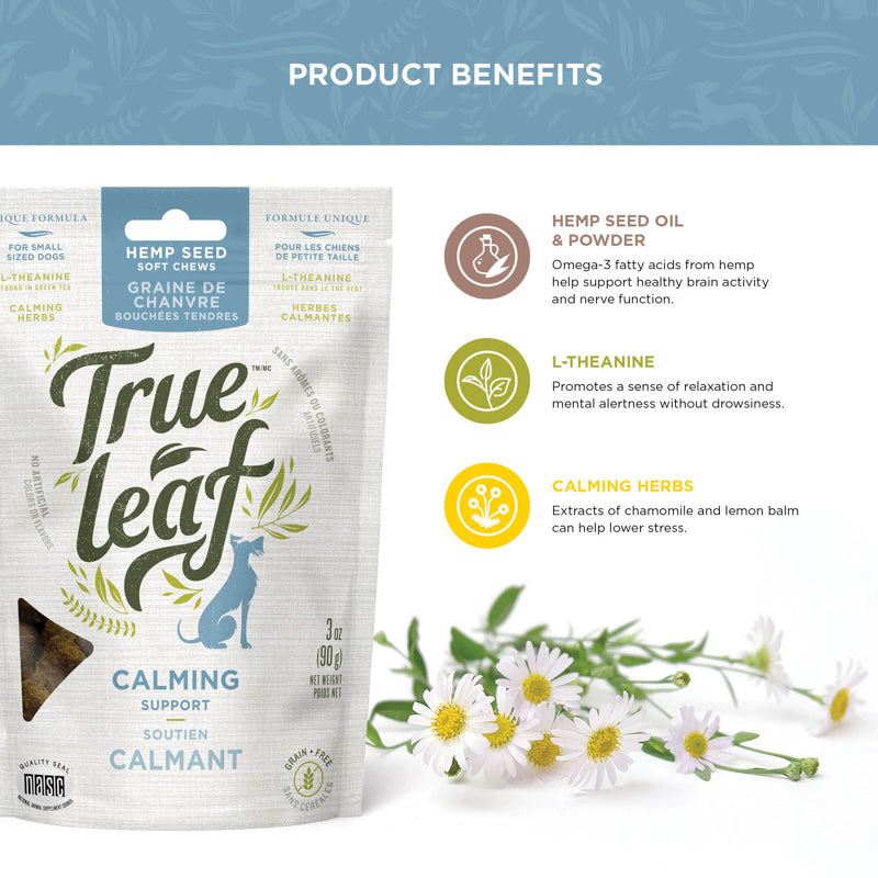 90g Calming chew ingredient facts for hemp seed oil and powder, l-theanine, and calming herbs such as chamomile and lemon balm