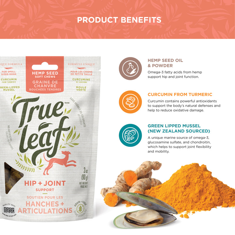Hip & Joint ingredient facts for hemp seed oil and powder, curcumin (from turmeric), and new zealand sourced green lipped mussel