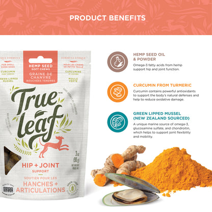 Hip & Joint ingredient facts for hemp seed oil and powder, curcumin (from turmeric), and new zealand sourced green lipped mussel