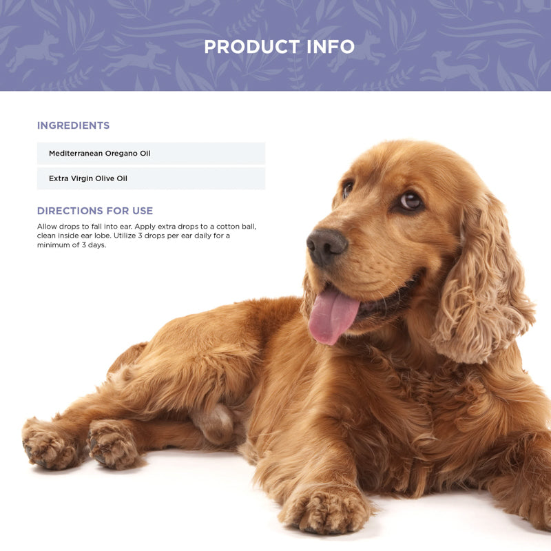 Ear drop ingredient list (Mediterranean oil of oregano and virgin olive oil) as well as directions for use