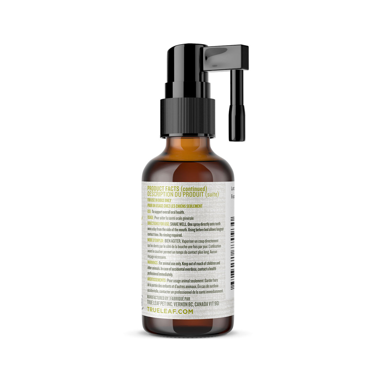 Back of spray bottle, showing product facts, ingredients, etc.