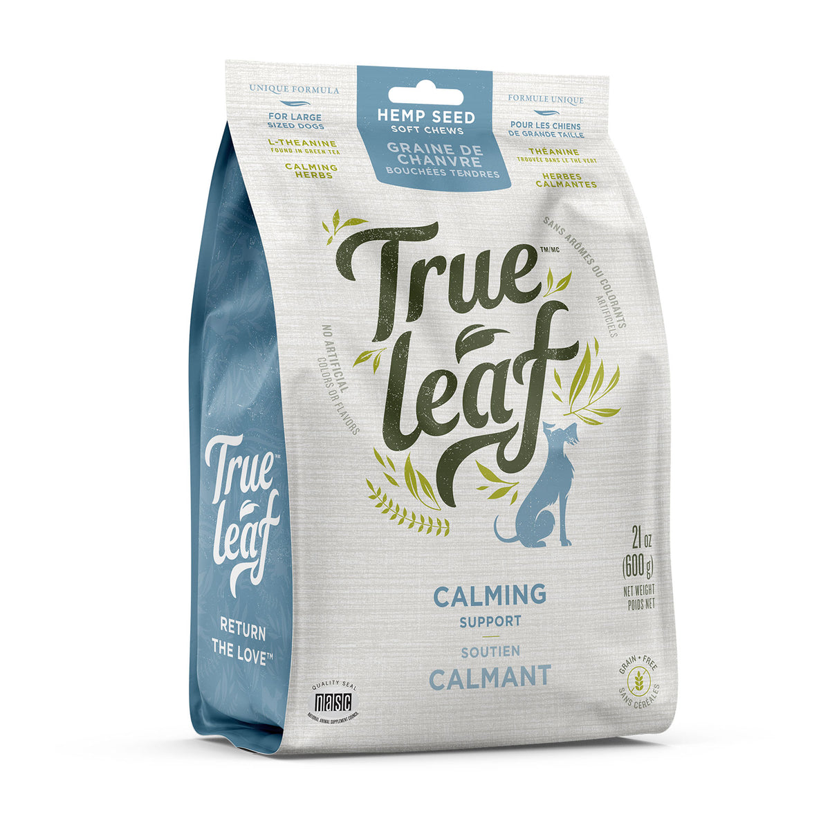 True Leaf Calming Support Chews for Dogs, 600 g pouch, front of pack.