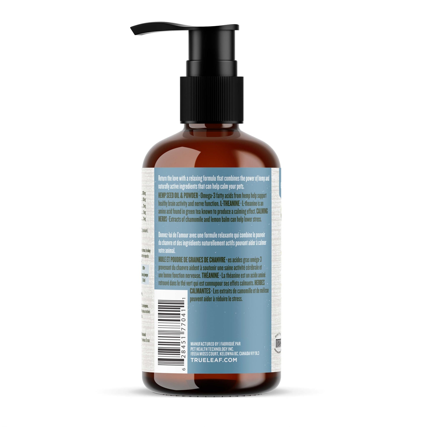 Back label of calming oil food topper for dogs - amber glass bottle with pump dispenser.