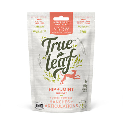 Trueleaf Hip & Joint Support chews for dogs. 90g size. White and orange pouch shown on white background.