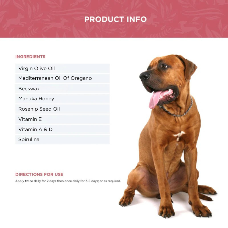 Ingredient list (incl olive oil, oil of oregano, beeswax, manuka honey, rosehip oil, and vitamins) and directions for use