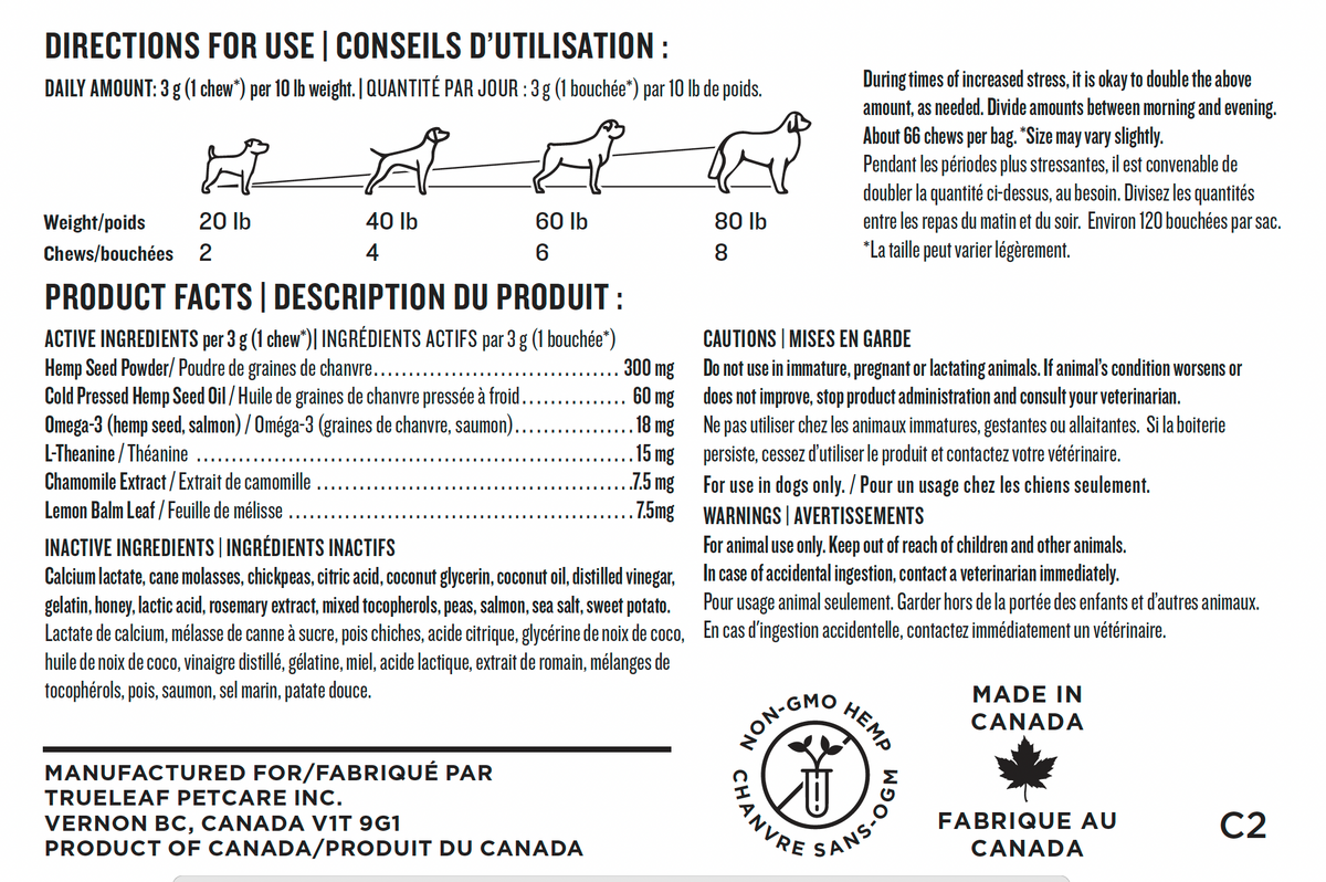 Calming 3 gram soft chew supplement label with directions for use, product facts, and manufacturing information.