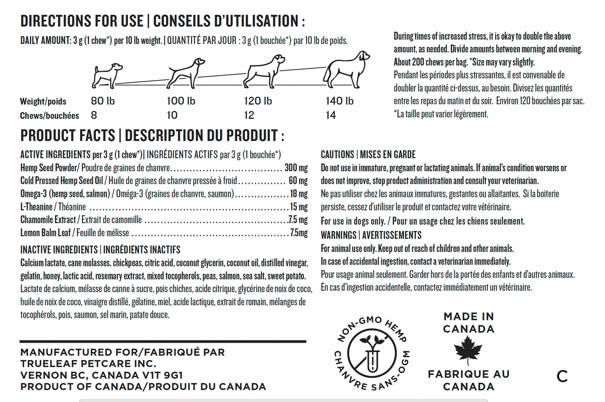Pet calming chew product label with directions for use, ingredients list, manufacturing info (made in Canada)
