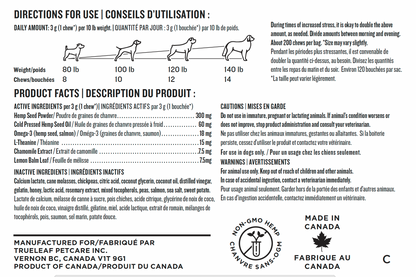 Pet calming chew product label with directions for use, ingredients list, manufacturing info (made in Canada)