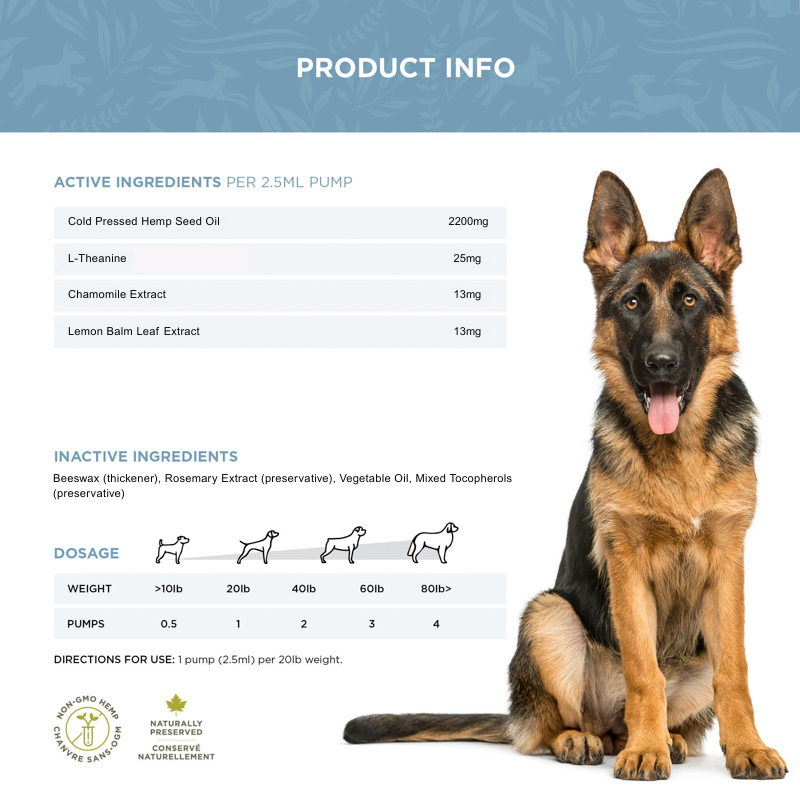 Dog calming oil topper ingredient list and dosage chart by weight