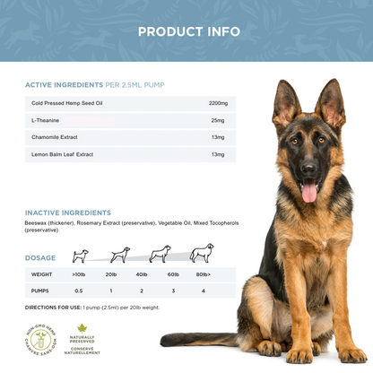 Dog calming oil topper ingredient list and dosage chart by weight
