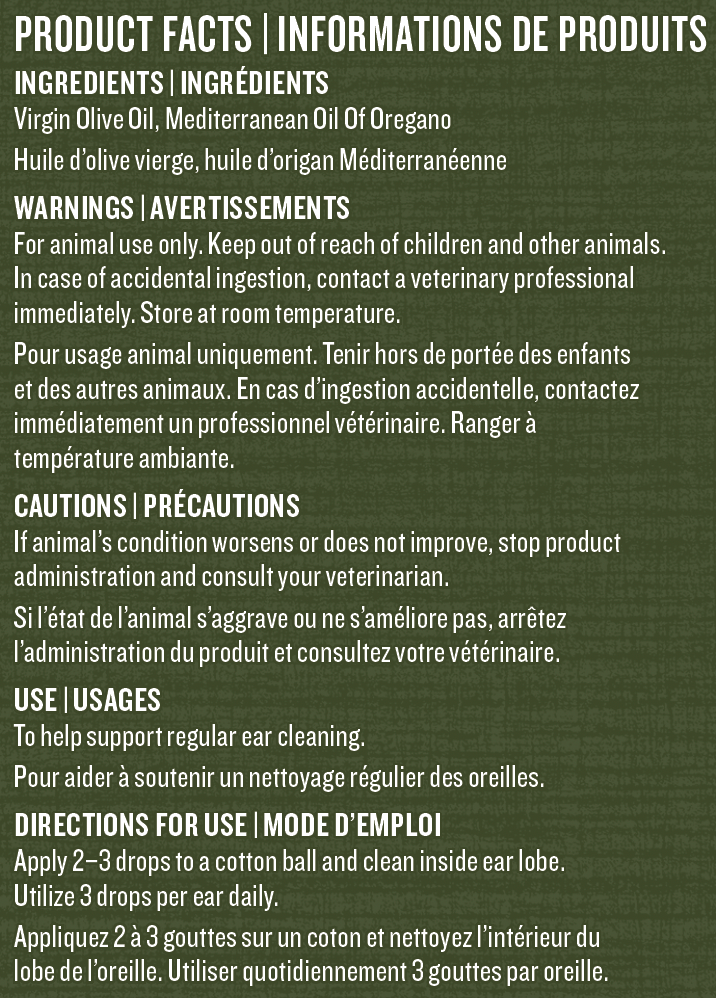 Dog ear cleaning drops product facts and direction (text on green background)