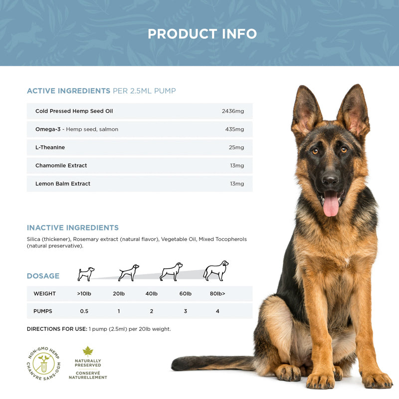 Calming oil food topper ingredients list and dosage chart, next to German Shepherd dog