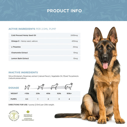 Calming oil food topper ingredients list and dosage chart, next to German Shepherd dog
