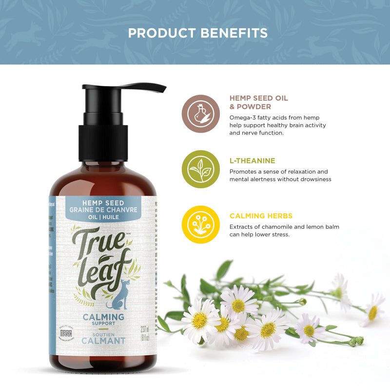 Trueleaf calming oil food topper product benefits from hemp seed, l-theanine, and herbs