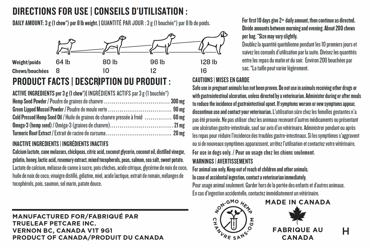Dog supplement label with directions for use, product facts, and branding information.
