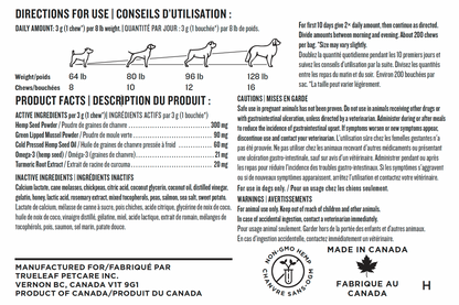 Dog supplement label with directions for use, product facts, and branding information.