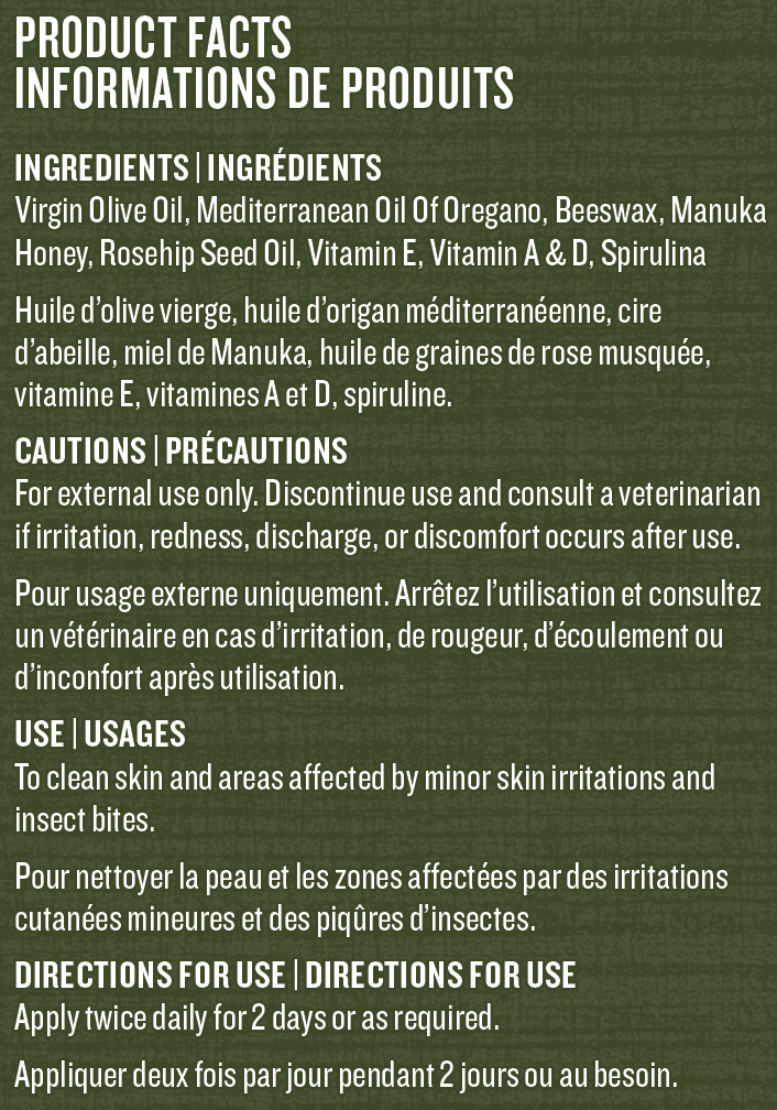 Product label with ingredients, cautions, and directions for use on a green background