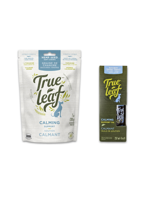 Trueleaf calming support dog chew packaging and calming oil food topper carton on a white background