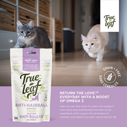 Anti-hairball info panel: "Help your pet stay active for years with omega-3 from hemp seed, flaxseed, and other active ingredients which support hairball elimination"