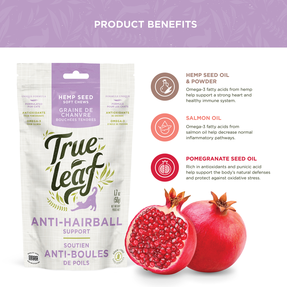 Ingredient facts for hemp seed oil and powder, salmon oil, and pomegranate seed oil