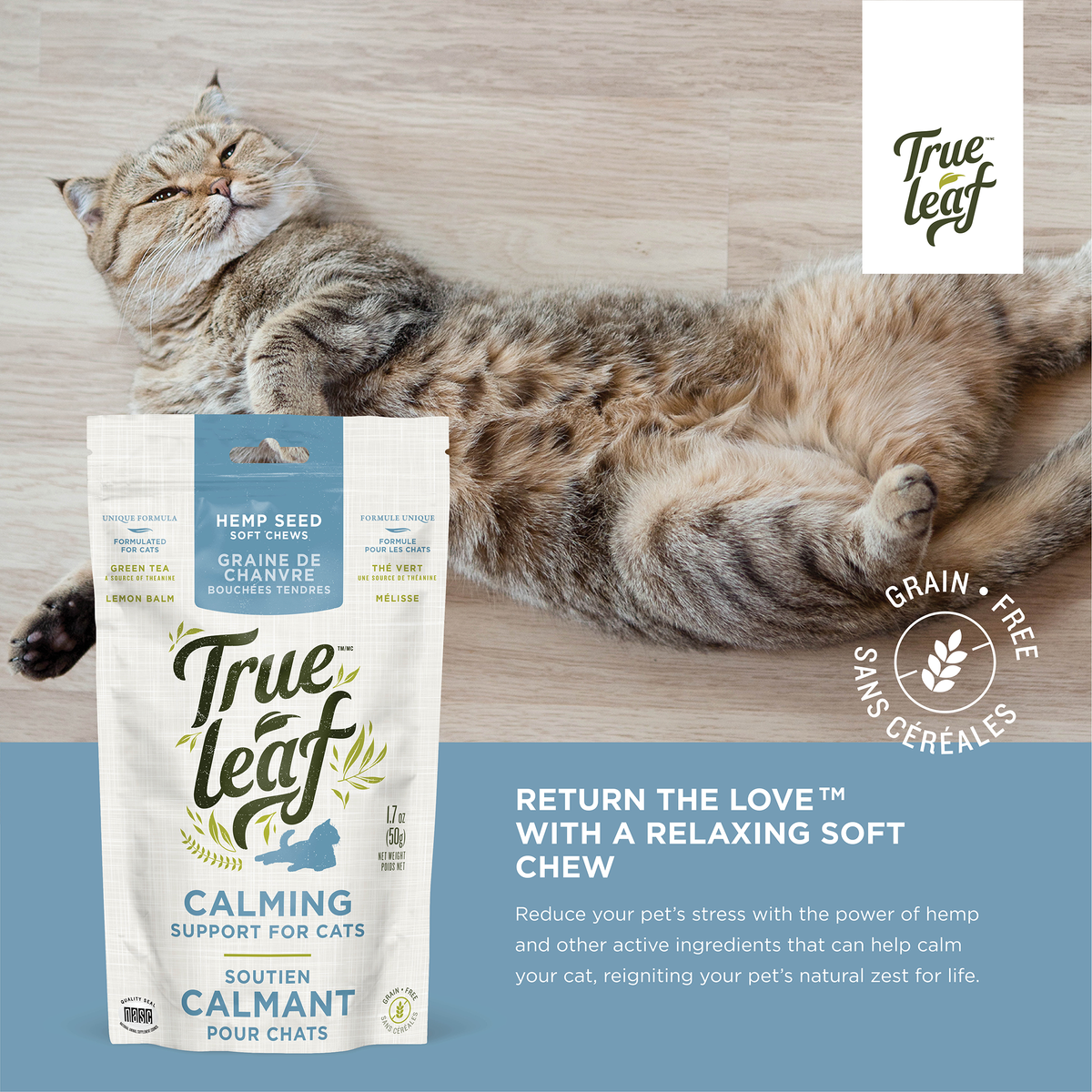 Information for cat chews with text: "Reduce your pet's stress with the power of hemp and other active ingredients like l-theanine and lemon balm"