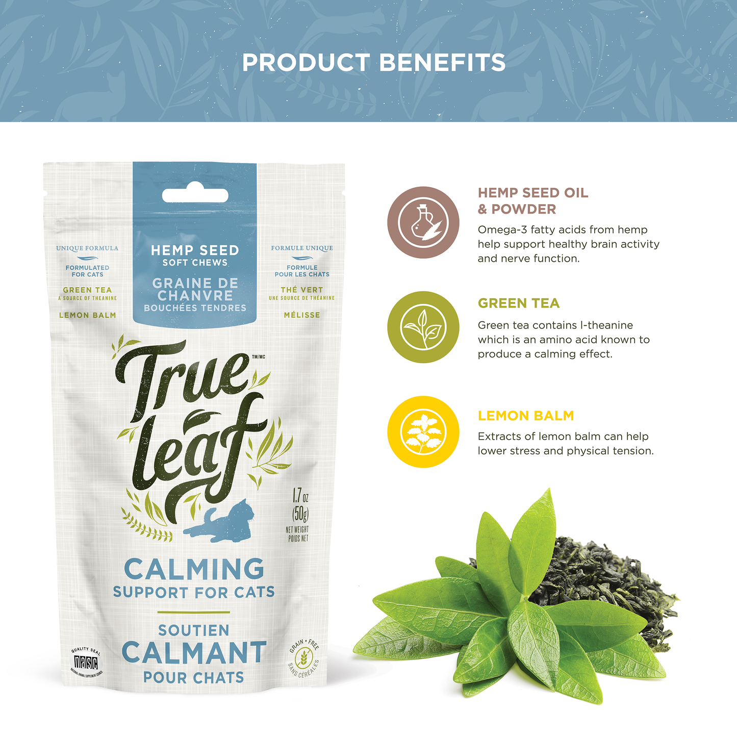 Ingredient facts for hemp seed oil and powder, green tea containing l-theanine, and lemon balm leaf extract