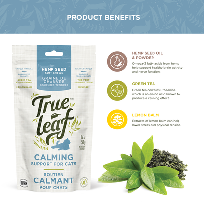 Ingredient facts for hemp seed oil and powder, green tea containing l-theanine, and lemon balm leaf extract